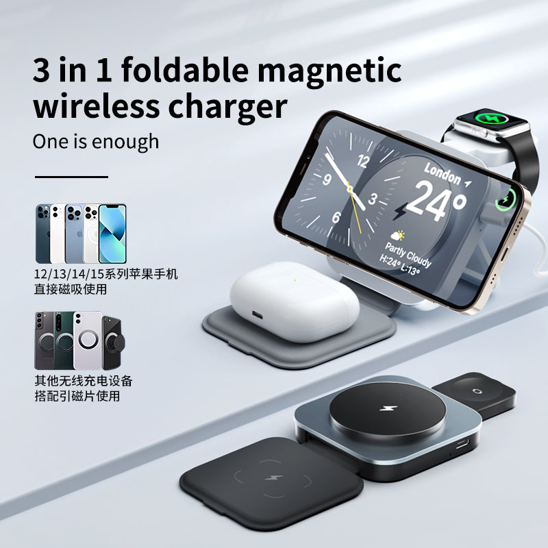 OEM T11 Super Slim Foldable 15W Magsafe 3 in 1 Wireless Charger Holder with Aluminium Alloy Finished