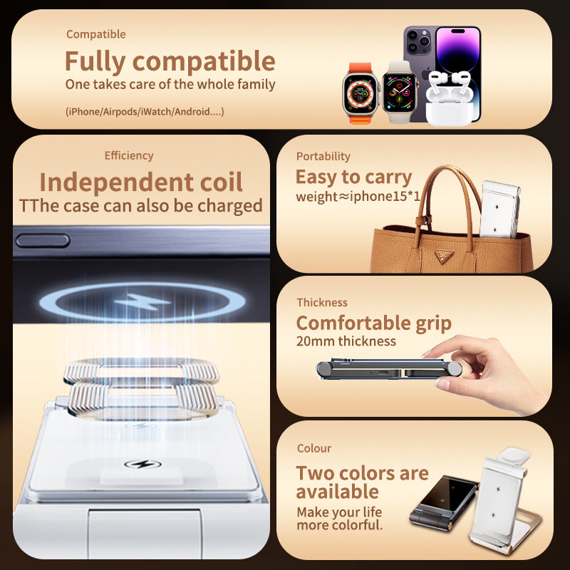 T8 Dual Coils 3IN1 Wireless Charger Aluminium Alloy Folding 15W Wireless Travel Chargers for Samsung/iPhone