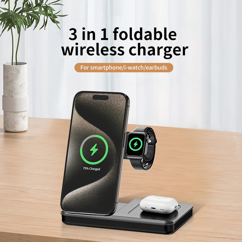 T13 Foldable 3 in 1 Wireless Charger 15W Dual Coils Tabletop induction travel power charger for Samsung/iPhone/earbuds/iwatch