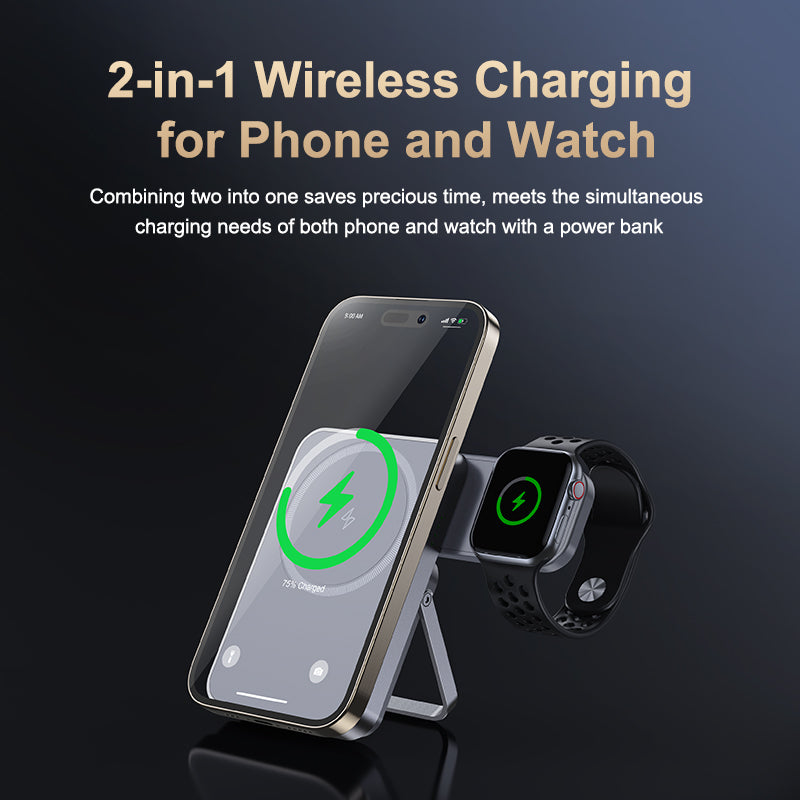 T16 Magnetic 2IN1 Wireless Charging Power Bank with Type C Output and Foldable Stand For iPhone/Earbuds/Apple watch