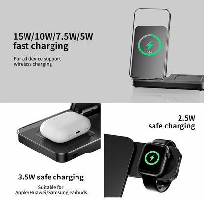 T13 Foldable 3 in 1 Wireless Charger 15W Dual Coils Tabletop induction travel power charger for Samsung/iPhone/earbuds/iwatch