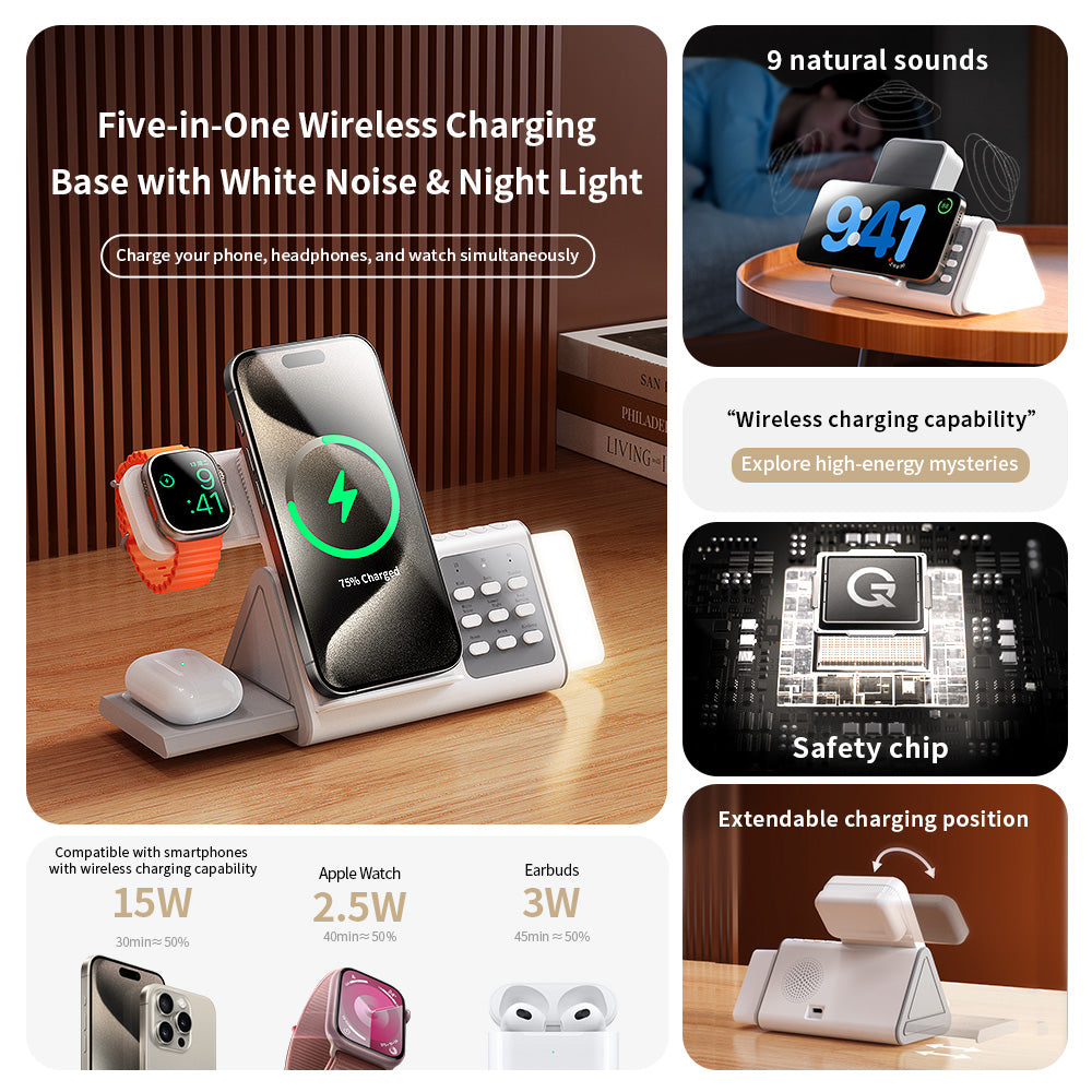 T12 5IN1 New Concept White Noise Wireless Charger with Removable LED Night Light,15W Fast Watch/Earbuds Power Charging Station