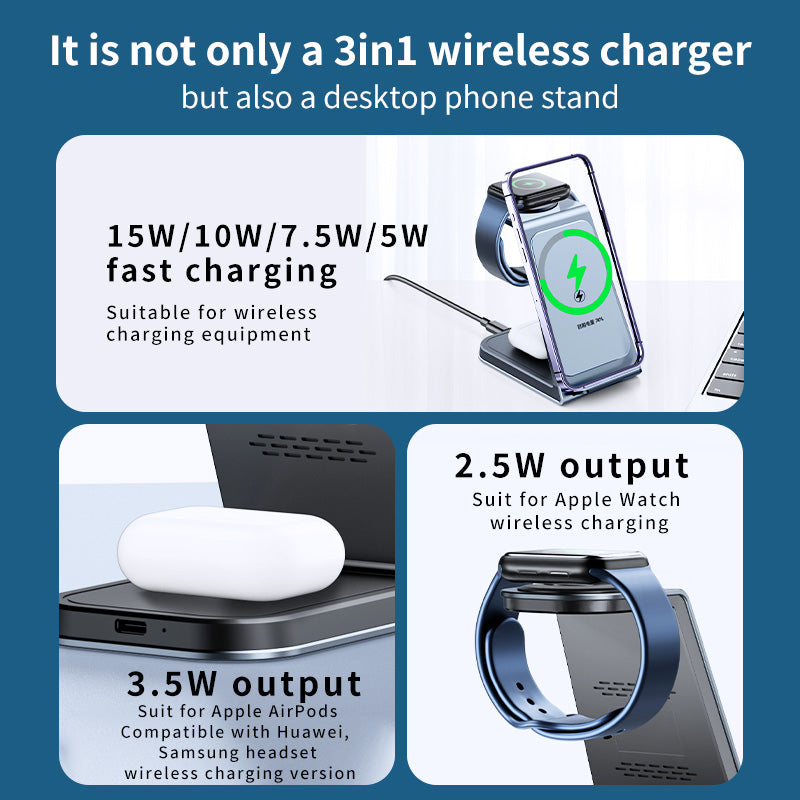 T6 Qi Certified 3 in 1 Wireless Charger Holder, Dual Coils Aluminium Desk Power Charger for Samsung for iPhone/Samsung