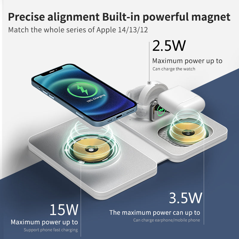 T5 Folding Magsafe 3 in 1 Wireless Charger, 15W Tabletop Chargers Free Upgrade for Apple Watch for iPhone12/13/14/15/16