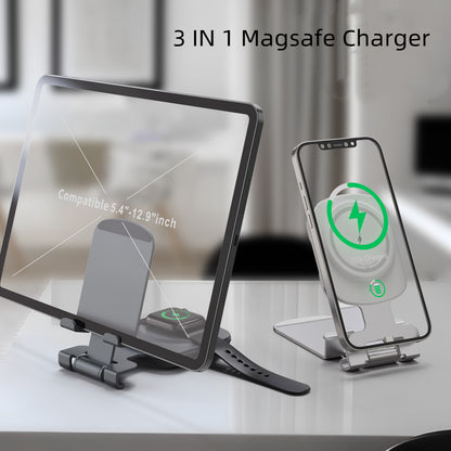 T4pro 3IN1 Magsafe Wireless Charger with Foldable Cellphone/Tablet Desktop Stand 15W Rapid Induction Charging Holder for iPhone/Apple watch