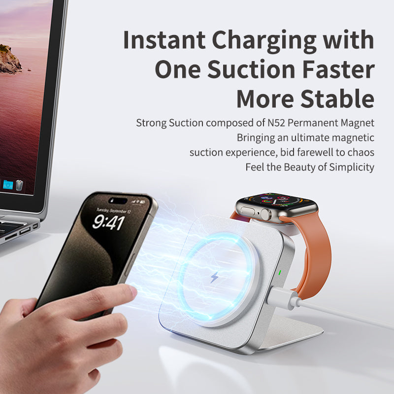 T15 Ultra Mini 2in1 Magsafe Wireless Charger 15W Foldable Wireless Charging Pad Travel Induction Charger for Apple Watch/iPhone