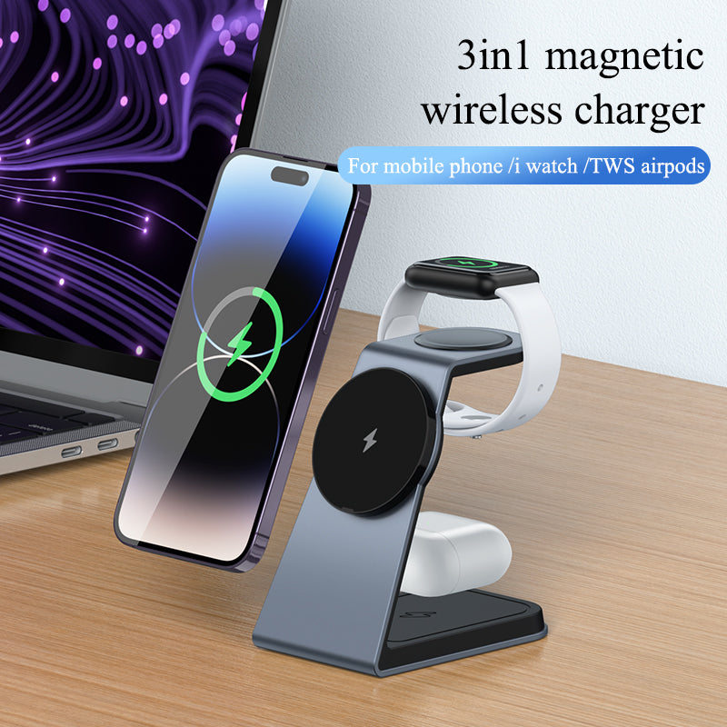 T3 Qi Certified Magnetic 3 in 1 Wireless Charger Holder for iPhone12/13/14/15/16/Airpods/Apple watch