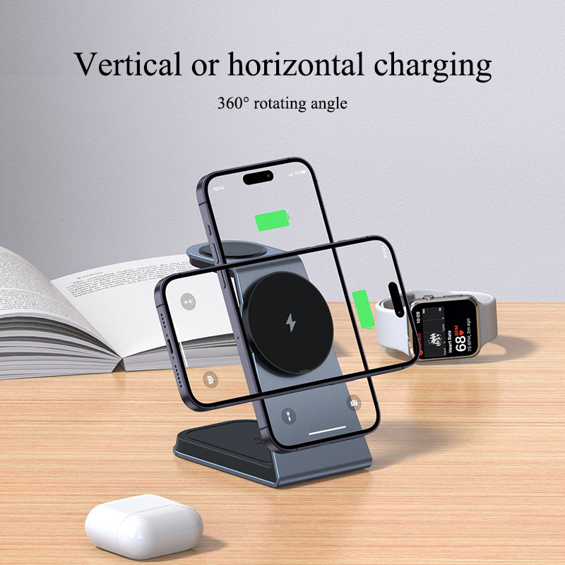 T3 Qi Certified Magnetic 3 in 1 Wireless Charger Holder for iPhone12/13/14/15/16/Airpods/Apple watch