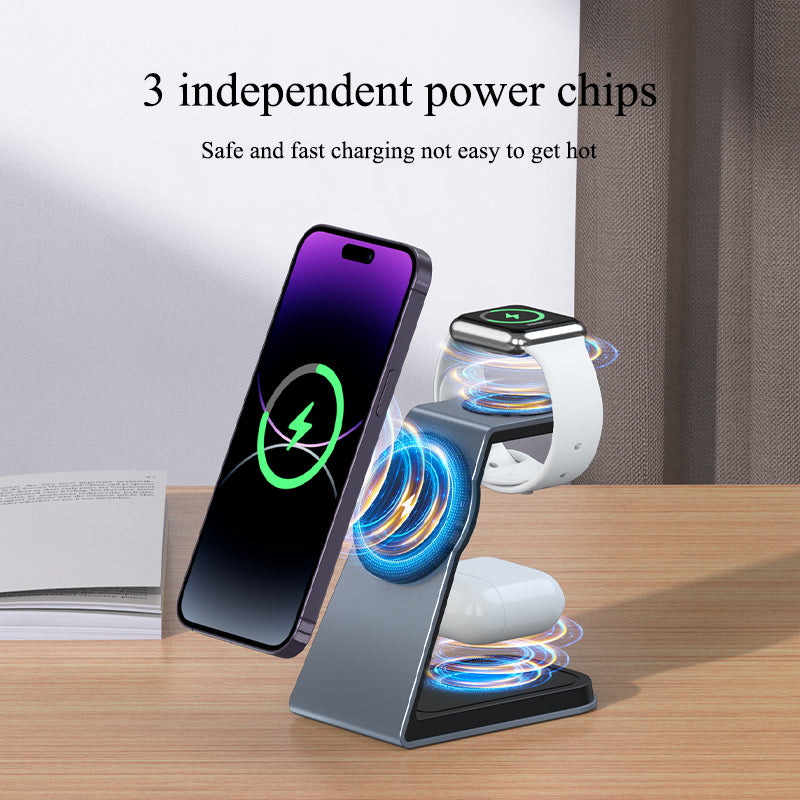 T3 Qi Certified Magnetic 3 in 1 Wireless Charger Holder for iPhone12/13/14/15/16/Airpods/Apple watch